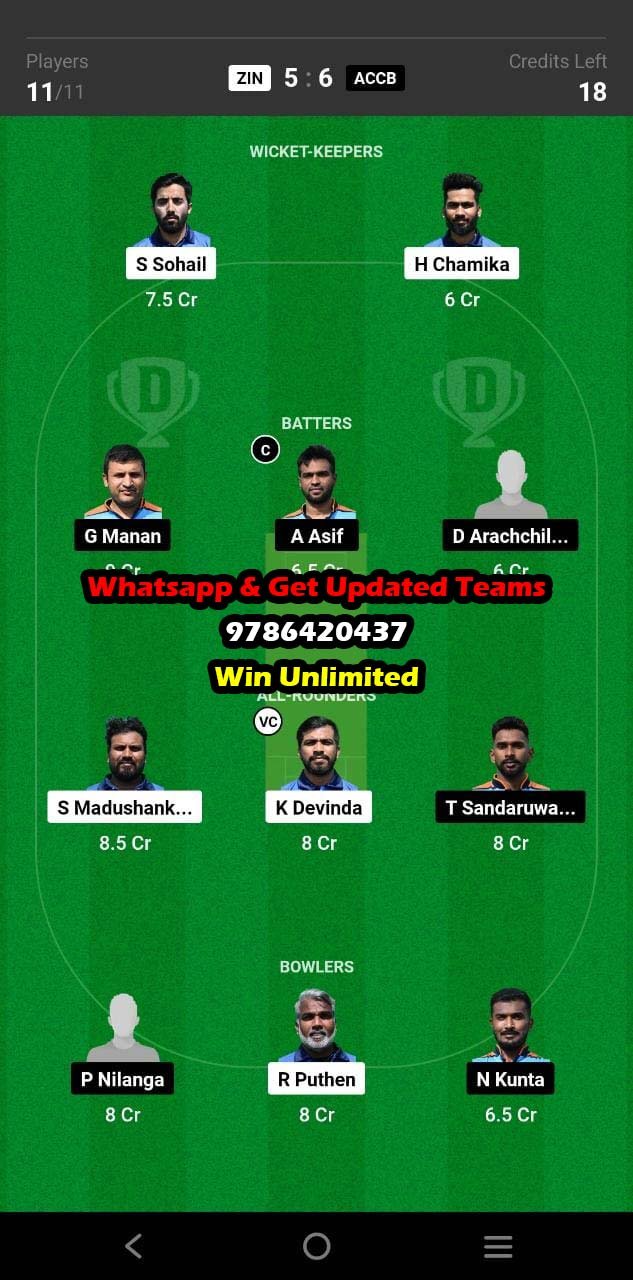 ZIN vs ACCB 55th Match Dream11 Team fantasy Prediction FanCode ECS Romania T10