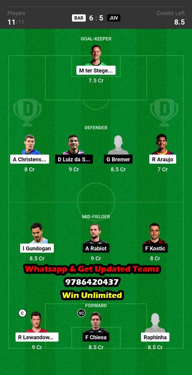 BAR vs JUV Dream11 Team fantasy Prediction Club Friendlies