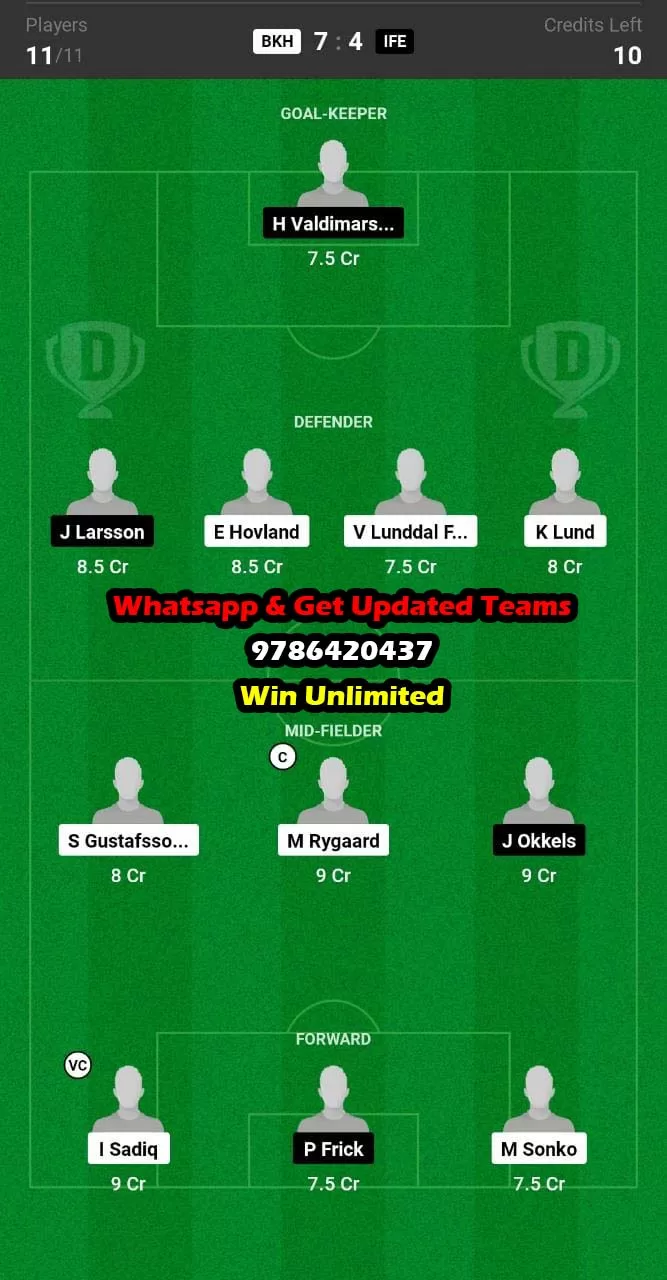 BKH vs IFE Dream11 Team fantasy Prediction Swedish League