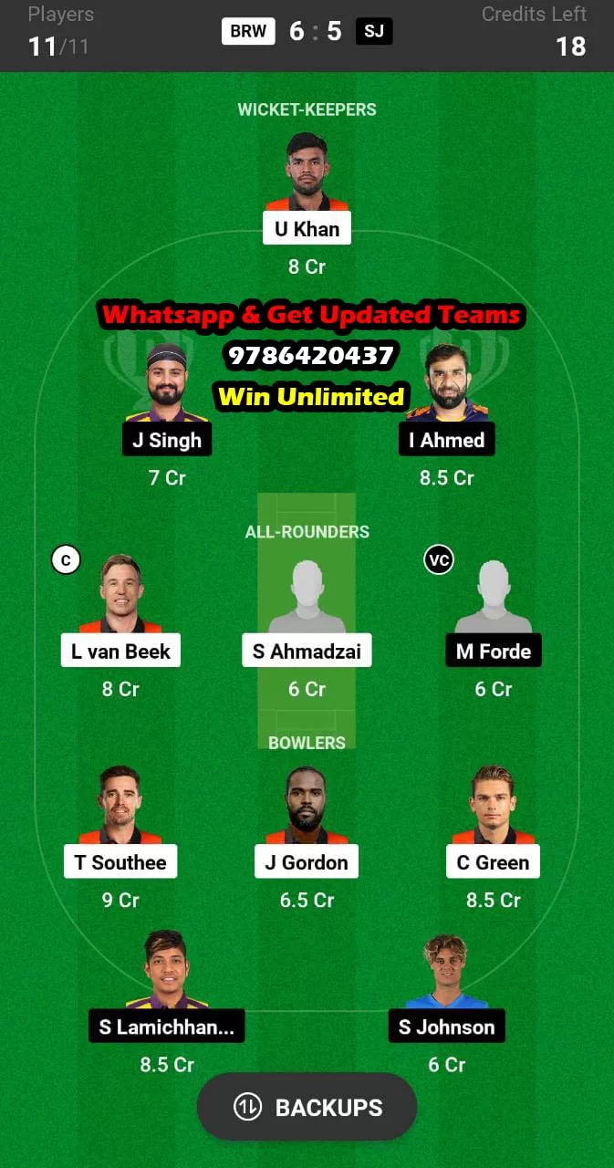 BRW vs SJ 18th Match Dream11 Team fantasy Prediction Global T20 Canada