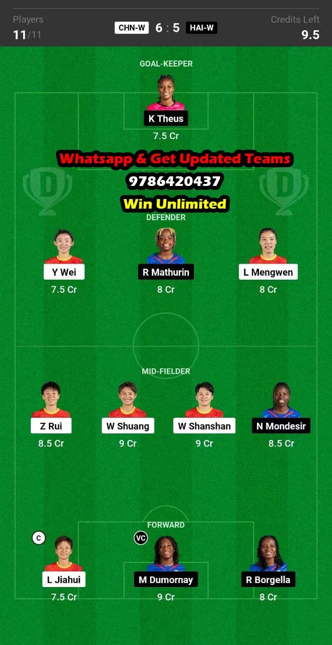 CHN-W vs HAI-W Dream11 Team fantasy Prediction Women's Football World Cup