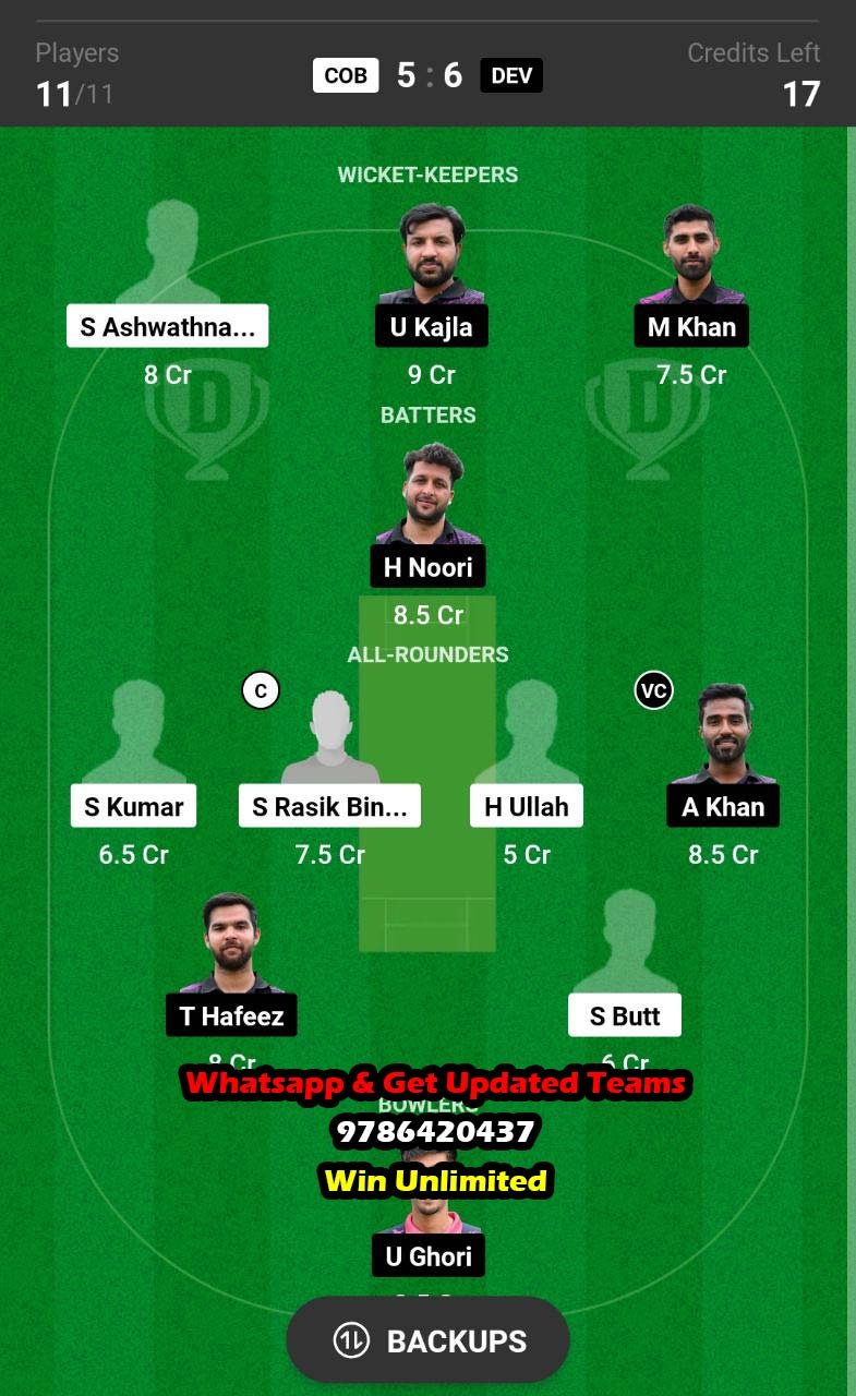 COB vs DEV 55th Match Dream11 Team fantasy Prediction ECS Hungary T10