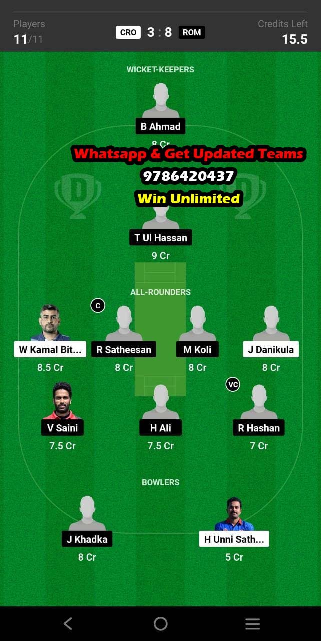 CRO vs ROM 7th Match Dream11 Team fantasy Prediction ECI Romania T10