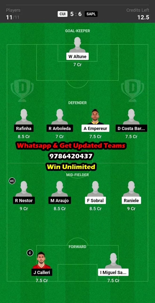 CUI vs SAPL Dream11 Team fantasy Prediction Brazilian Serie A