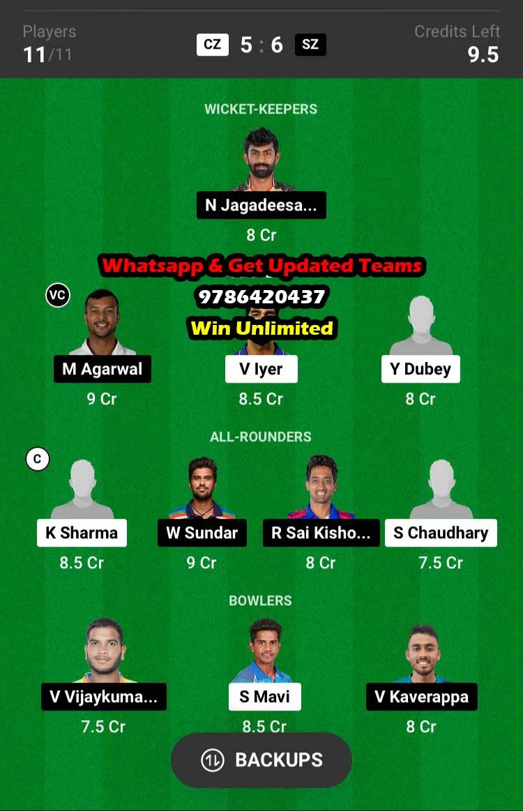 CZ vs SZ 15th Match Dream11 Team fantasy Prediction Indian Domestic OD