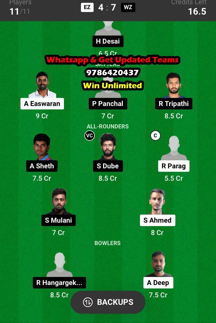 EZ vs WZ 14th Match Dream11 Team fantasy Prediction Indian Domestic OD