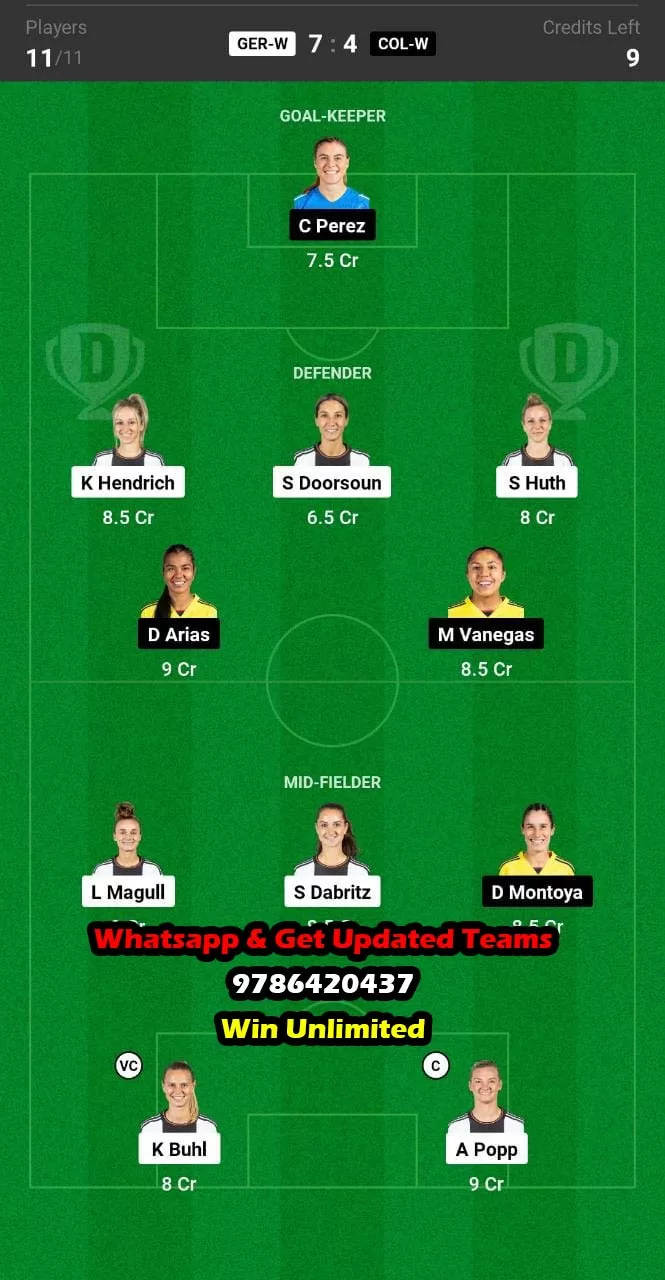 GER-W vs COL-W Dream11 Team fantasy Prediction Women's Football World Cup