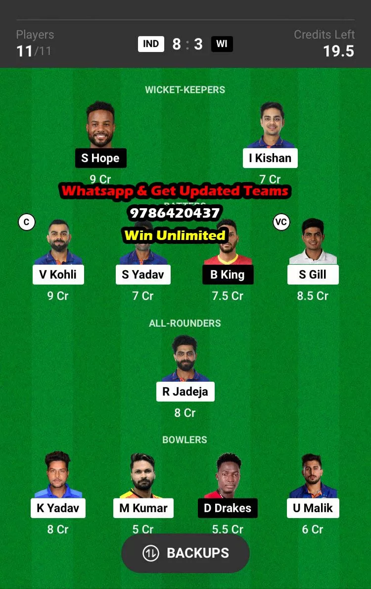 IND vs WI 2nd ODI Match Dream11 Team fantasy Prediction India tour of West Indies