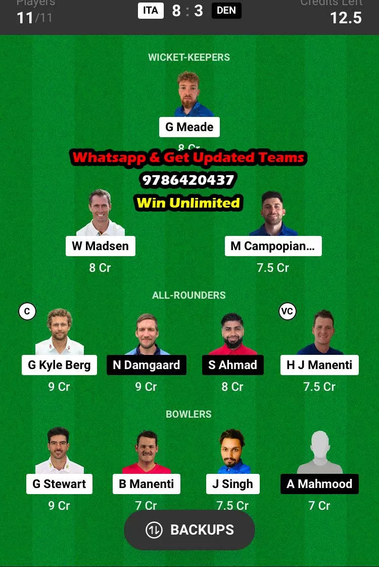 ITA vs DEN 13th Match Dream11 Team fantasy Prediction ICC Men's T20 WC Europe Qualifiers