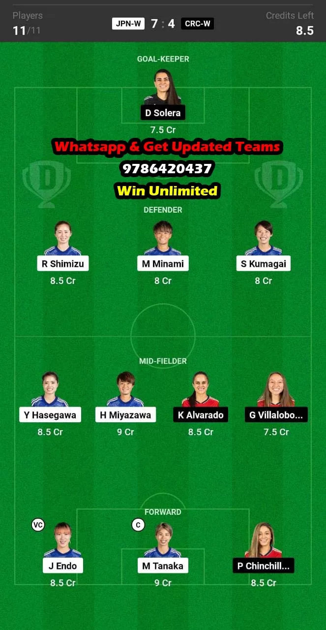 JPN-W vs CRC-W Dream11 Team fantasy Prediction Women's Football World Cup