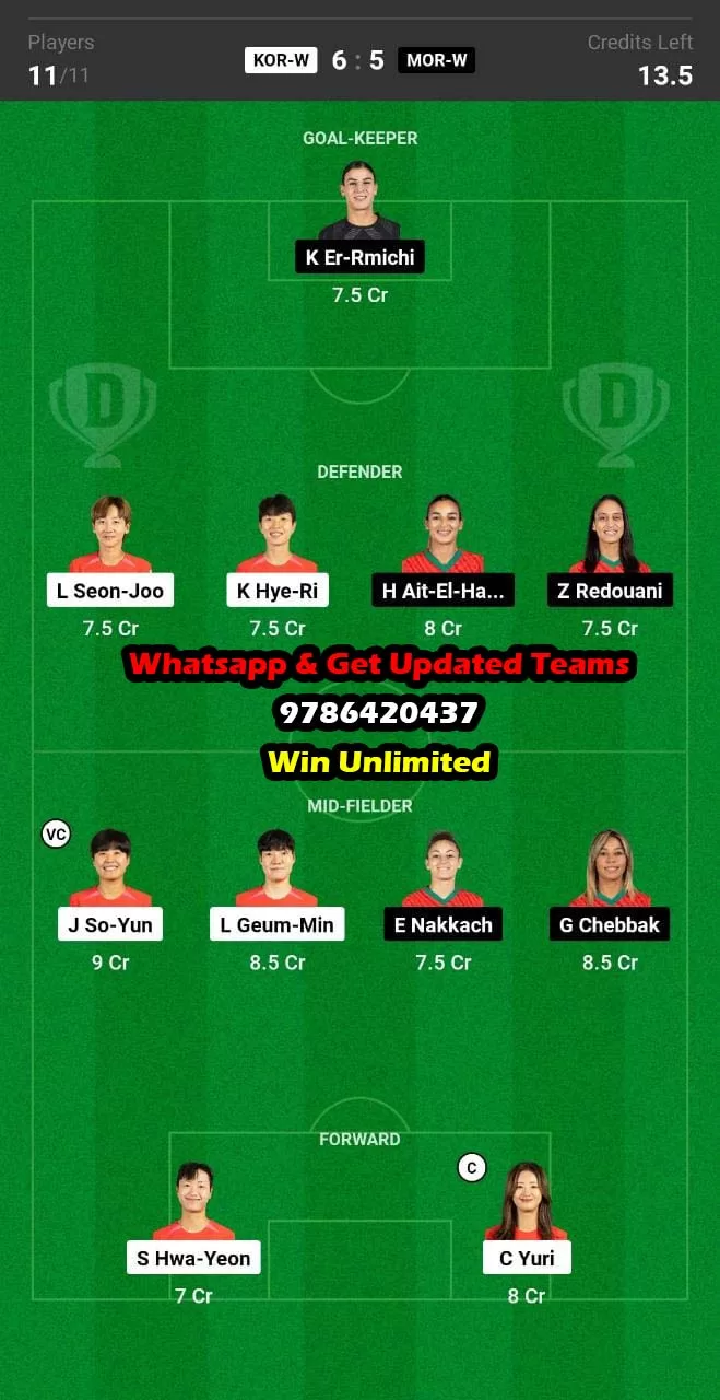 KOR-W vs MOR-W Dream11 Team fantasy Prediction Women's Football World Cup