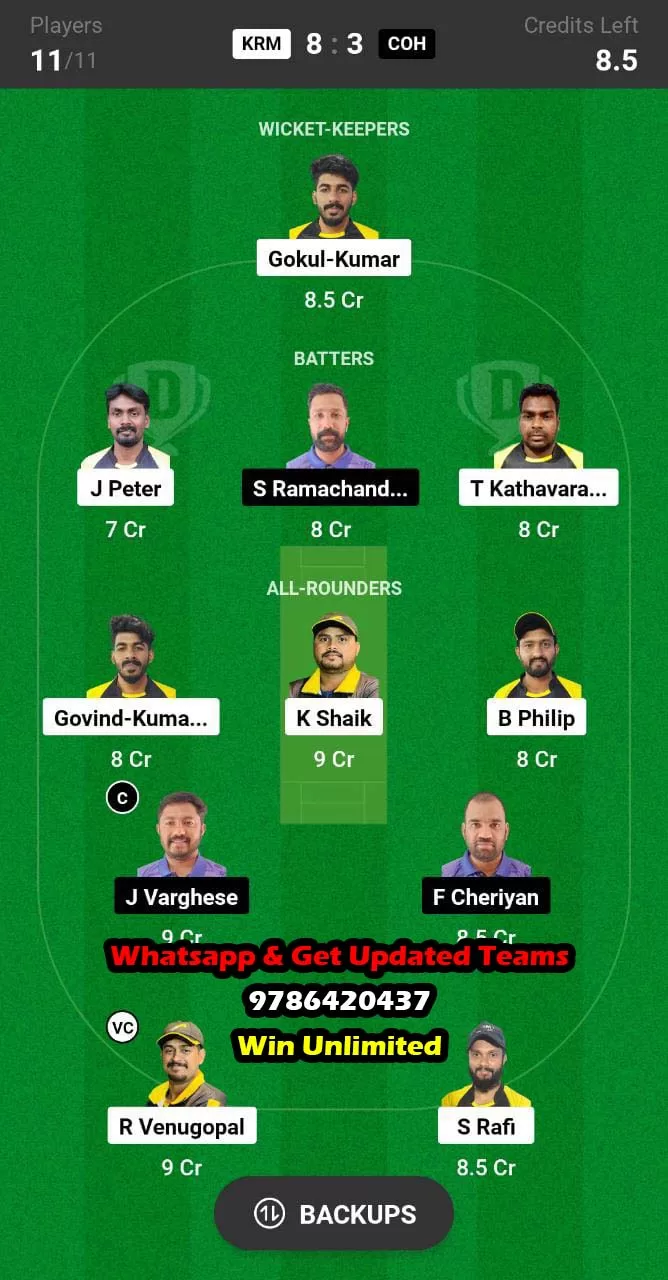 KRM vs COH Qualifier Match Dream11 Team fantasy Prediction KCC T10 Challengers League