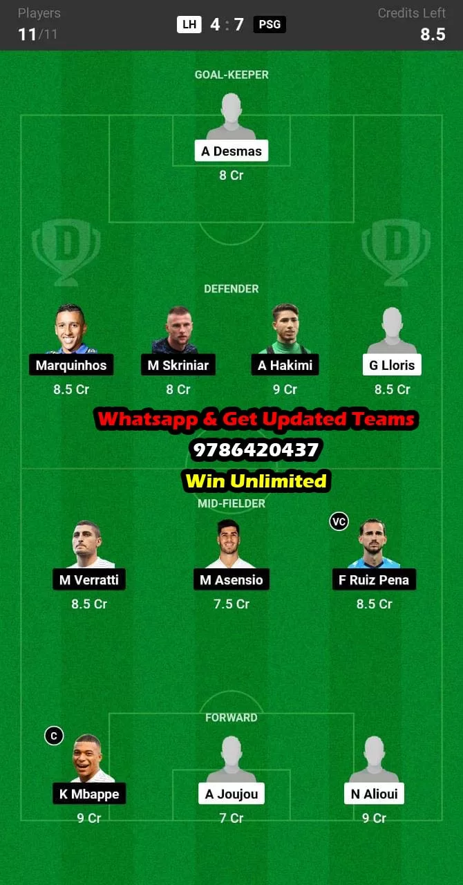 LH vs PSG Dream11 Team fantasy Prediction Club Friendlies