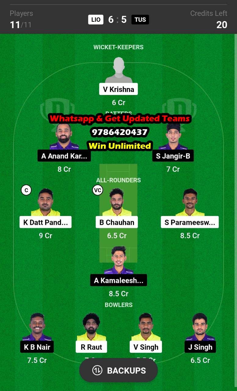 LIO vs TUS 30th Match Dream11 Team fantasy Prediction Pondicherry T20 Tournament