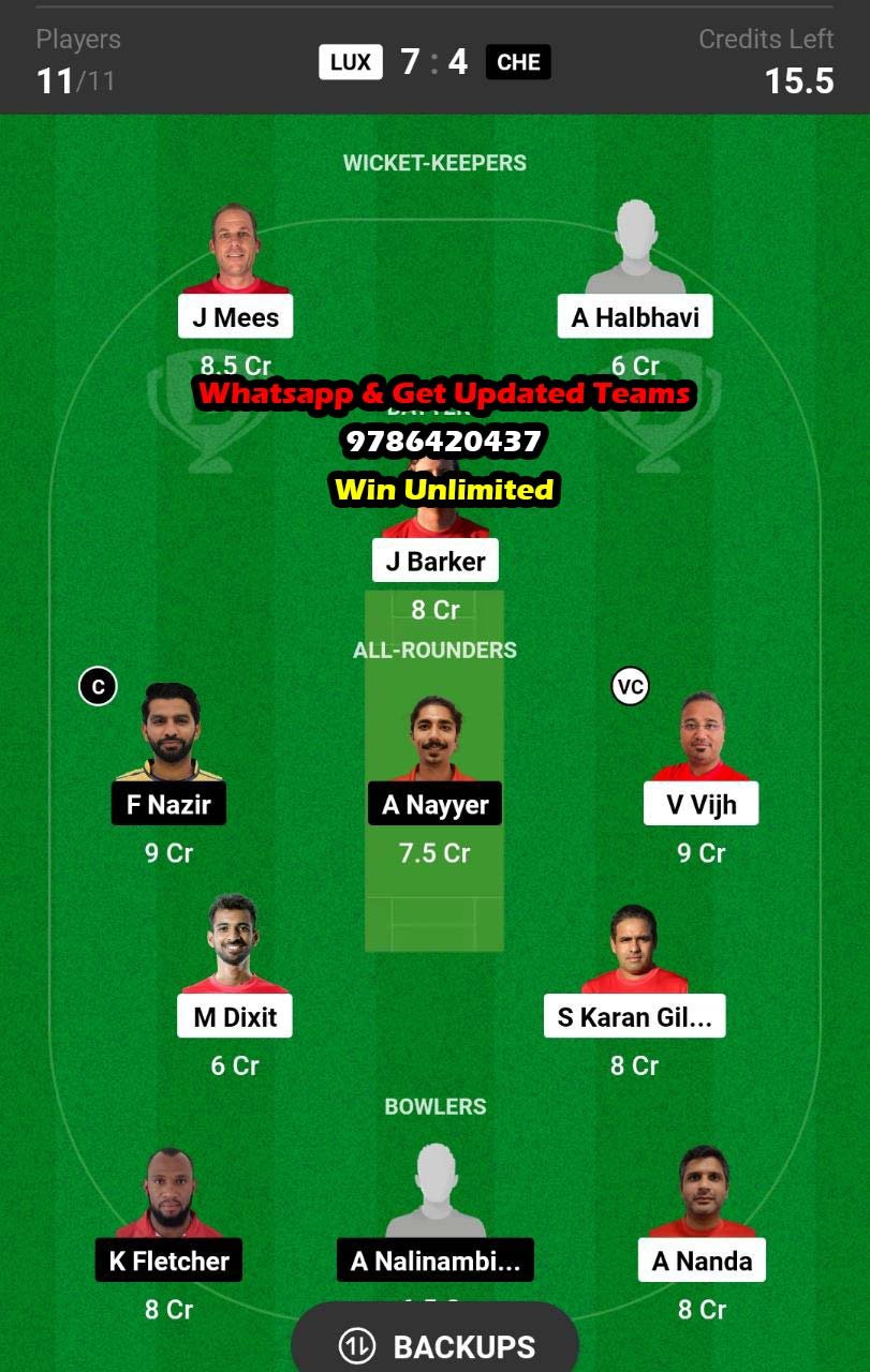 LUX vs CHE 5th Match Dream11 Team fantasy Prediction Valletta Cup T20