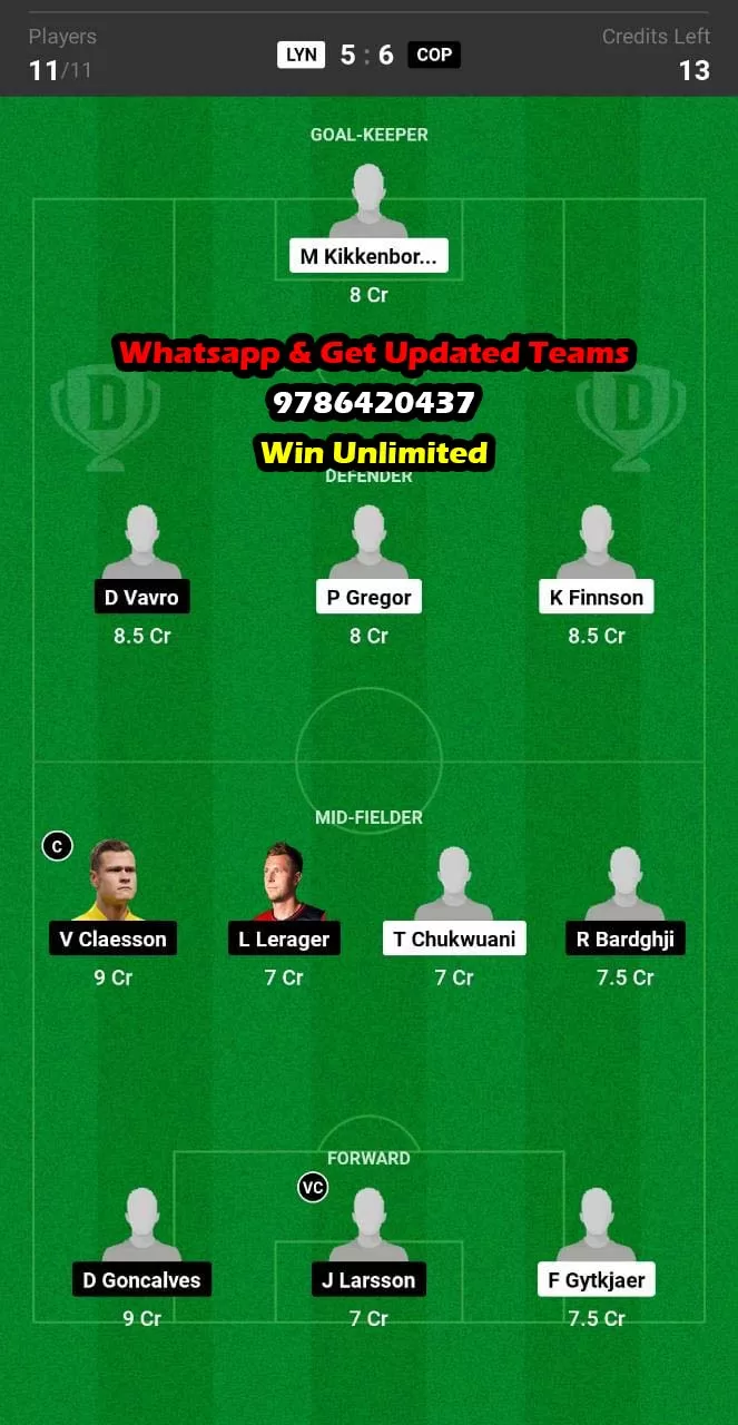 LYN vs COP Dream11 Team fantasy Prediction Danish League