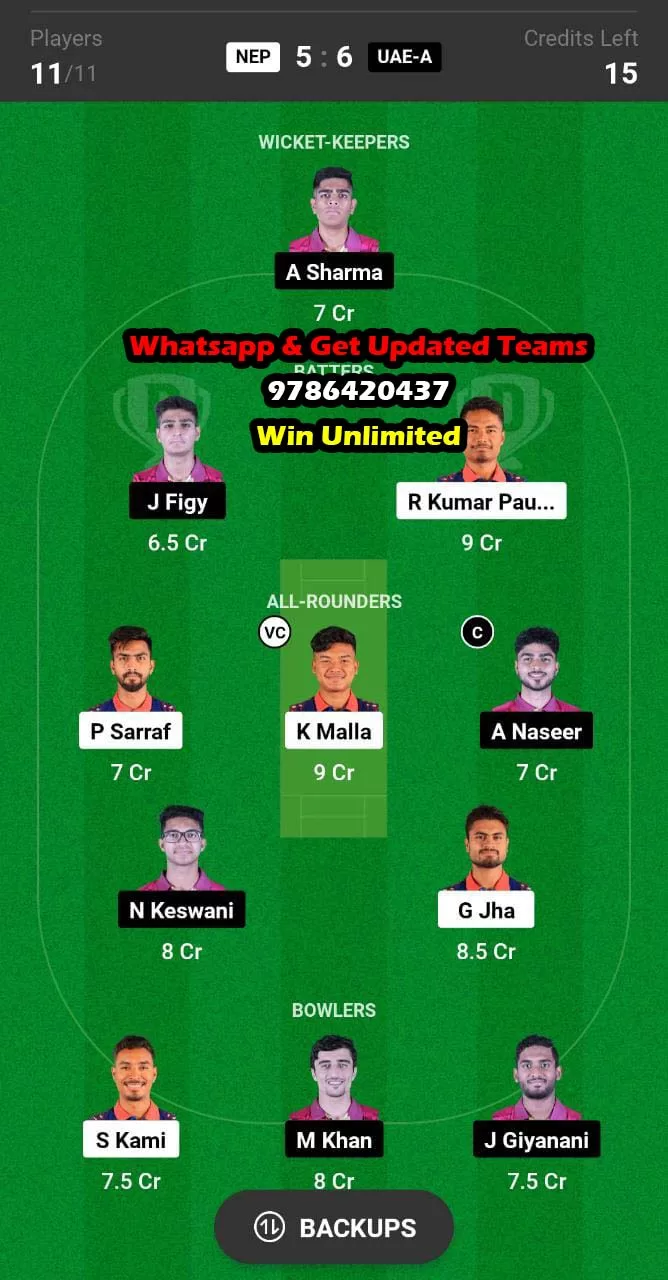 NEP vs UAE-A 11th Match Dream11 Team fantasy Prediction ACC Emerging Teams Asia Cup