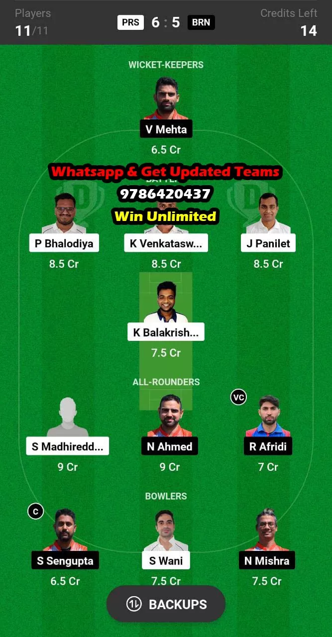 PRS vs BRN 27th Match Dream11 Team fantasy Prediction ECS Czechia T10