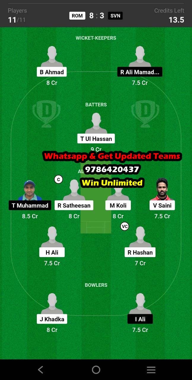 ROM vs SVN 8th Match Dream11 Team fantasy Prediction ECI Romania T10