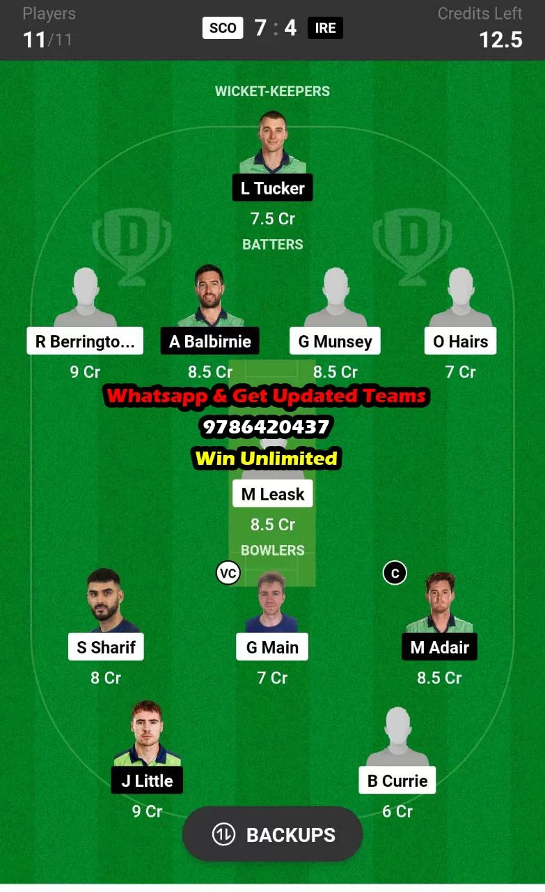 SCO vs IRE 21st Match Dream11 Team fantasy Prediction ICC Men's T20 WC Europe Qualifiers