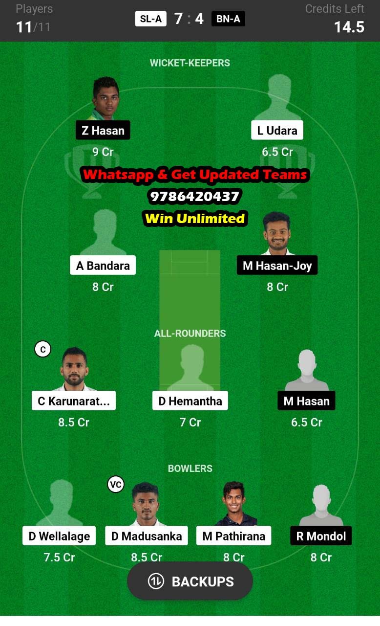 SL-A vs BN-A 1st Match Dream11 Team fantasy Prediction ACC Emerging Teams Asia Cup