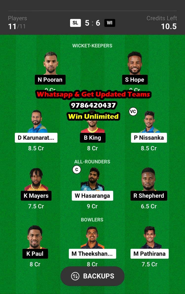 SL vs WI 9th Match Dream11 Team fantasy Prediction Super Sixes