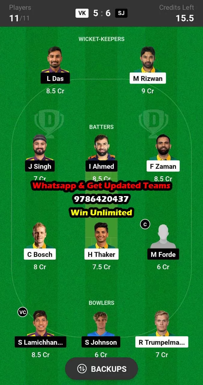 VK vs SJ 15th Match Dream11 Team fantasy Prediction Global T20 Canada