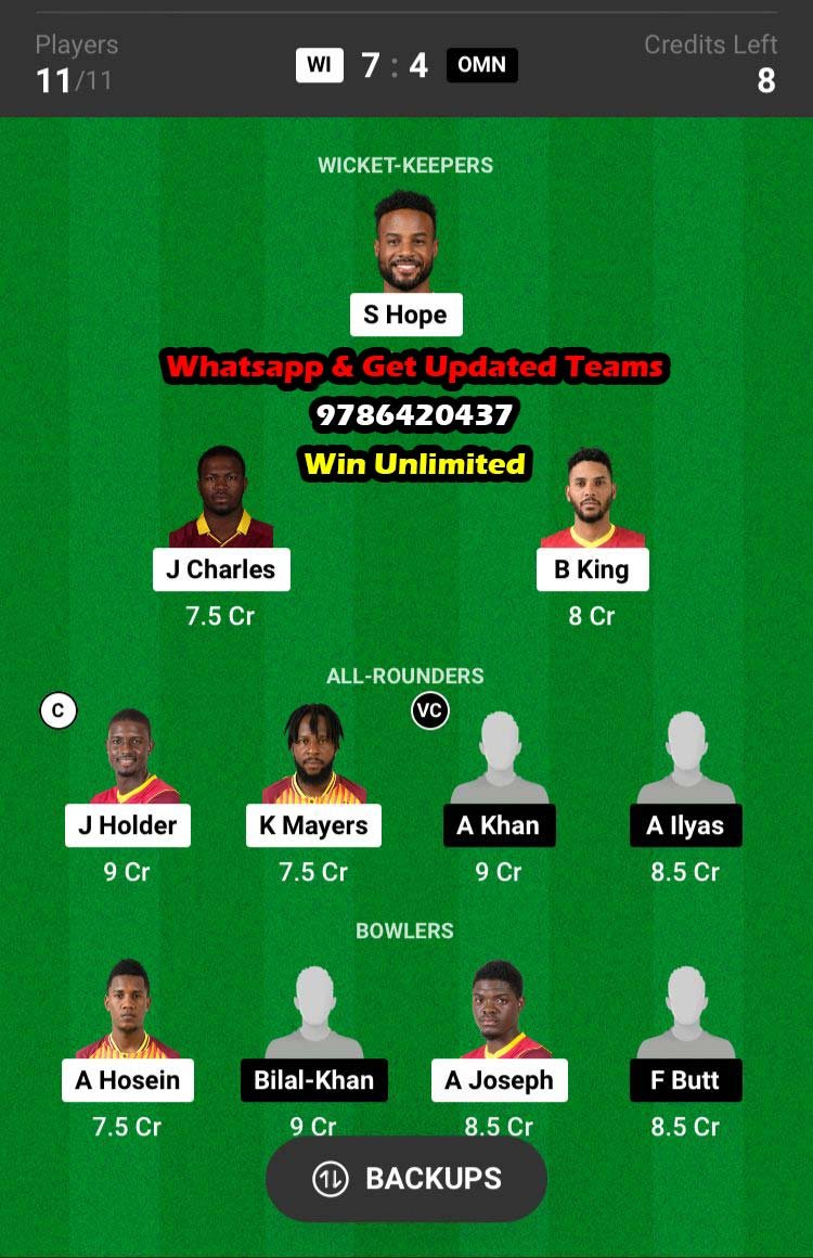 WI vs OMN 7th Match Dream11 Team fantasy Prediction Super Sixes