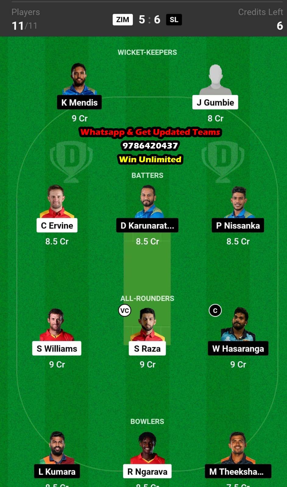 ZIM vs SL 4th Match Dream11 Team fantasy Prediction Super Sixes