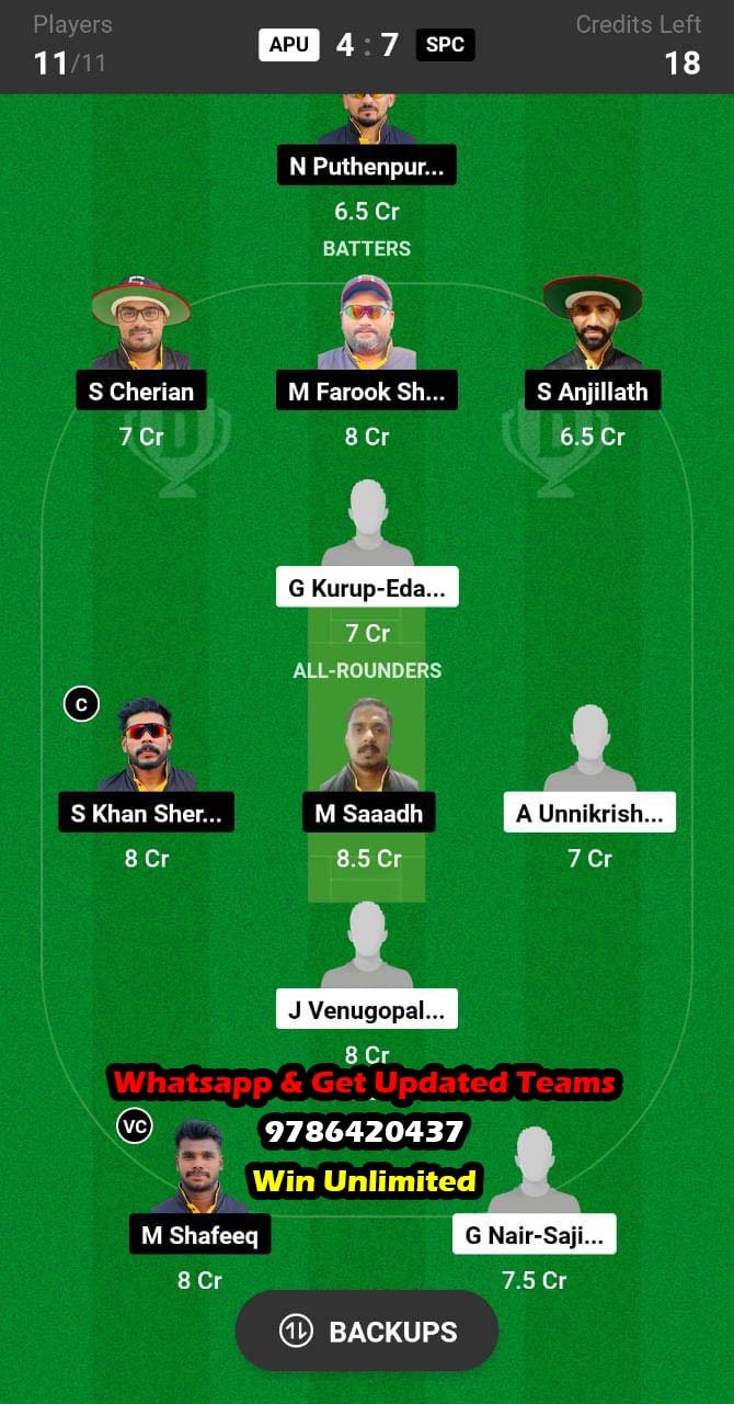 APU vs SPC 28th Match Dream11 Team fantasy Prediction Kuwait Kerala PL T20