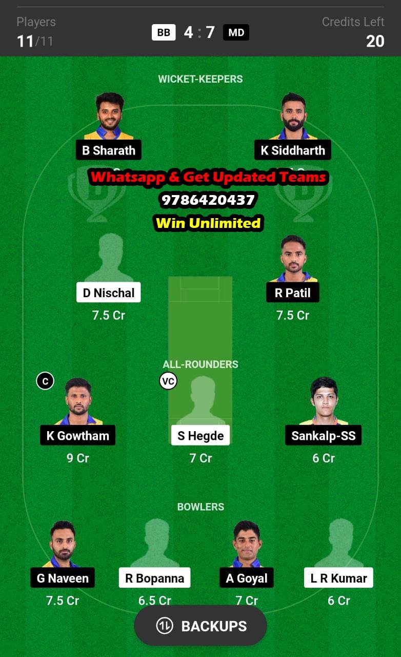 BB vs MD 18th Match Dream11 Team fantasy Prediction Maharaja Trophy KSCA T20