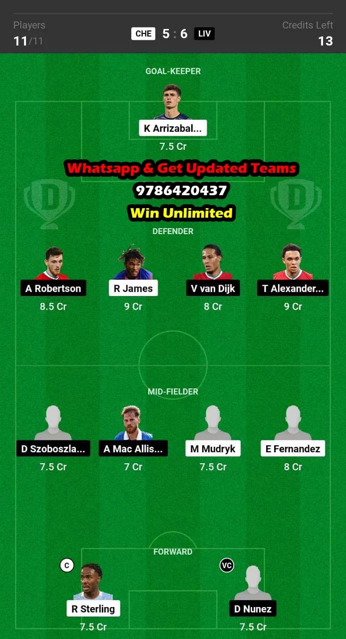 CHE vs LIV Dream11 Team fantasy Prediction Premier League