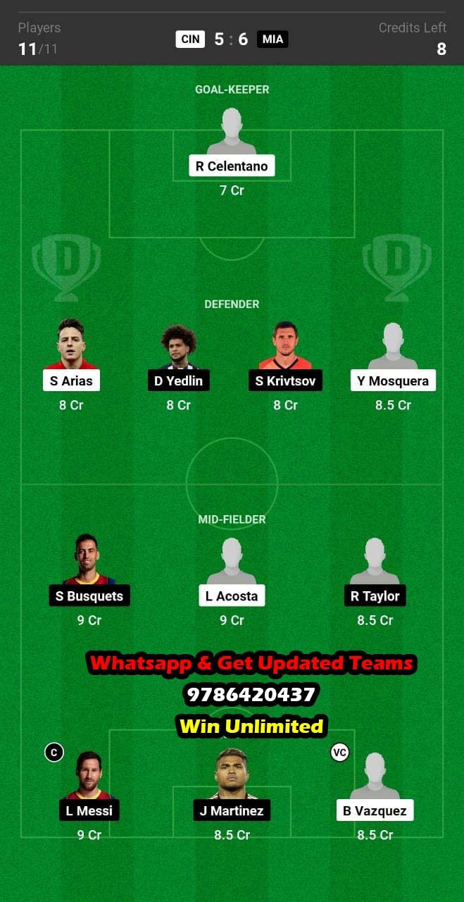 CIN vs MIA Dream11 Team fantasy Prediction US Open Cup