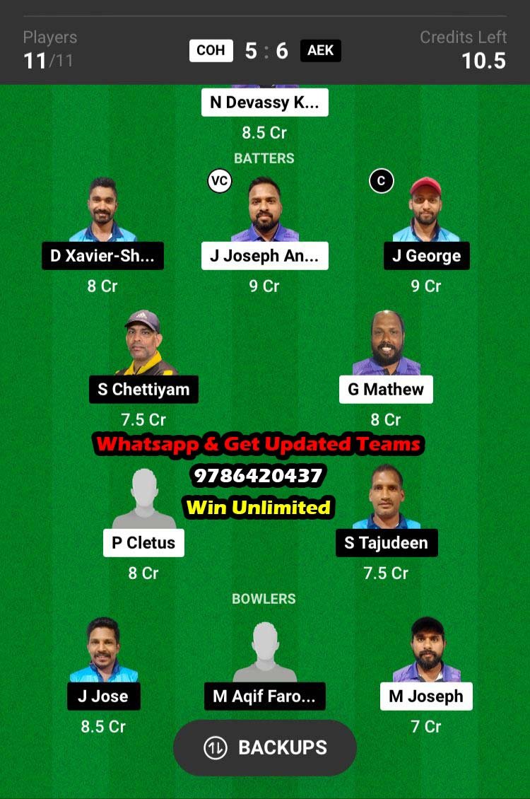 COH vs AEK 8th Match Dream11 Team fantasy Prediction Kuwait Kerala PL T20