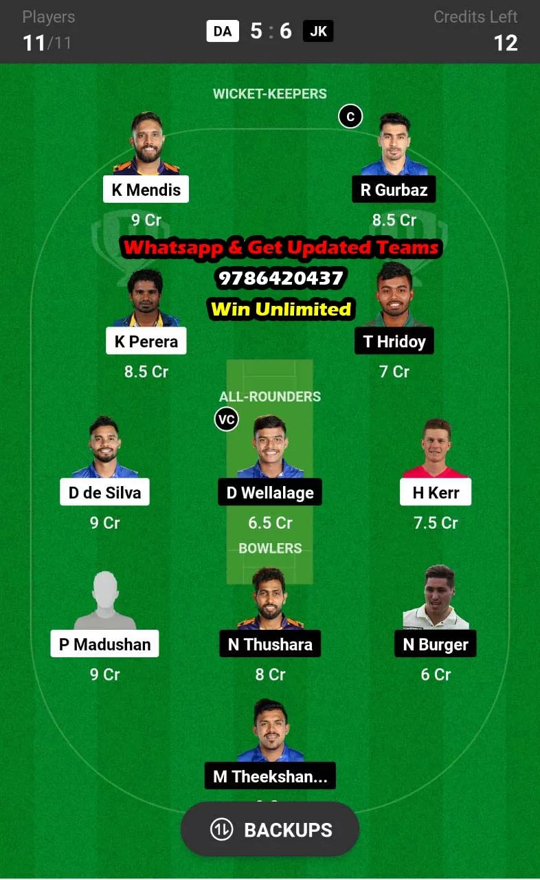 DA vs JK 11th Match Dream11 Team fantasy Prediction Lanka Premier League T20