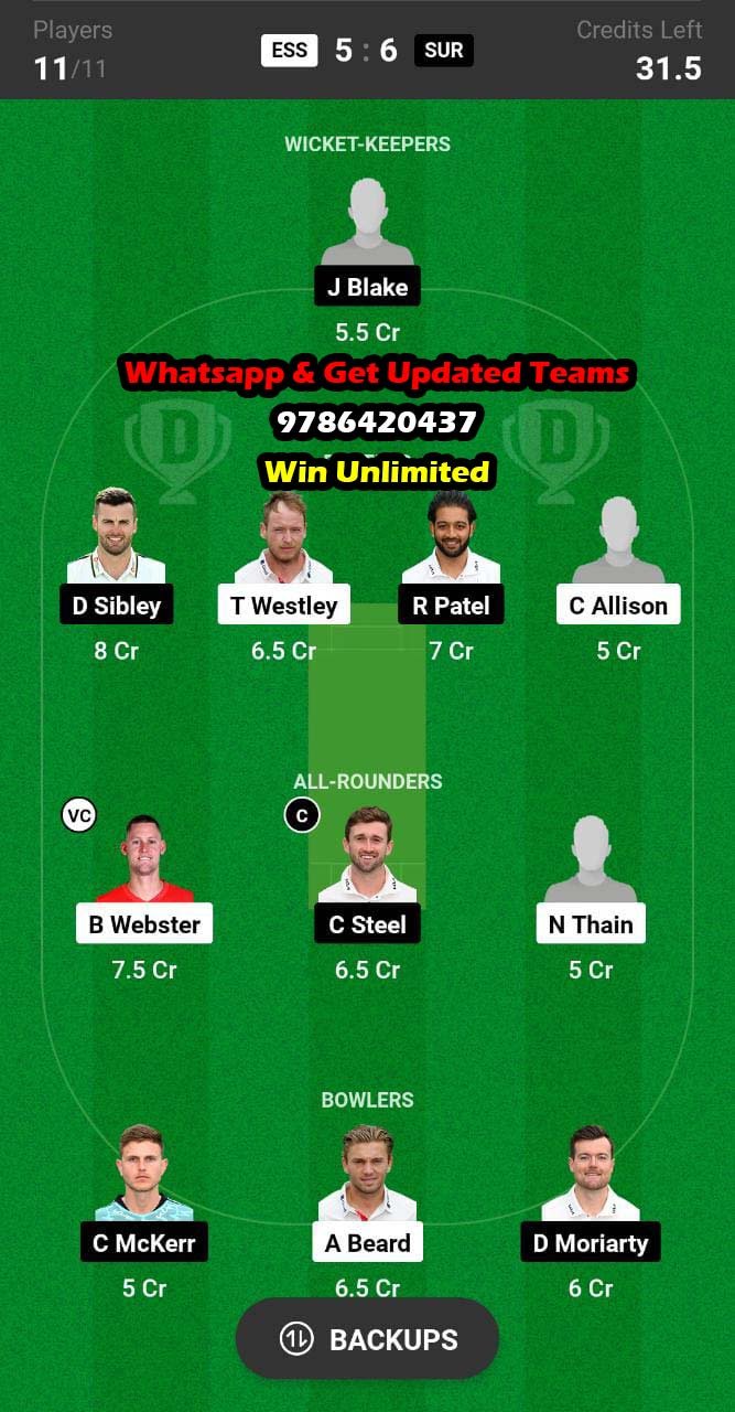 ESS vs SUR 65th Match Dream11 Team fantasy Prediction English One Day Cup