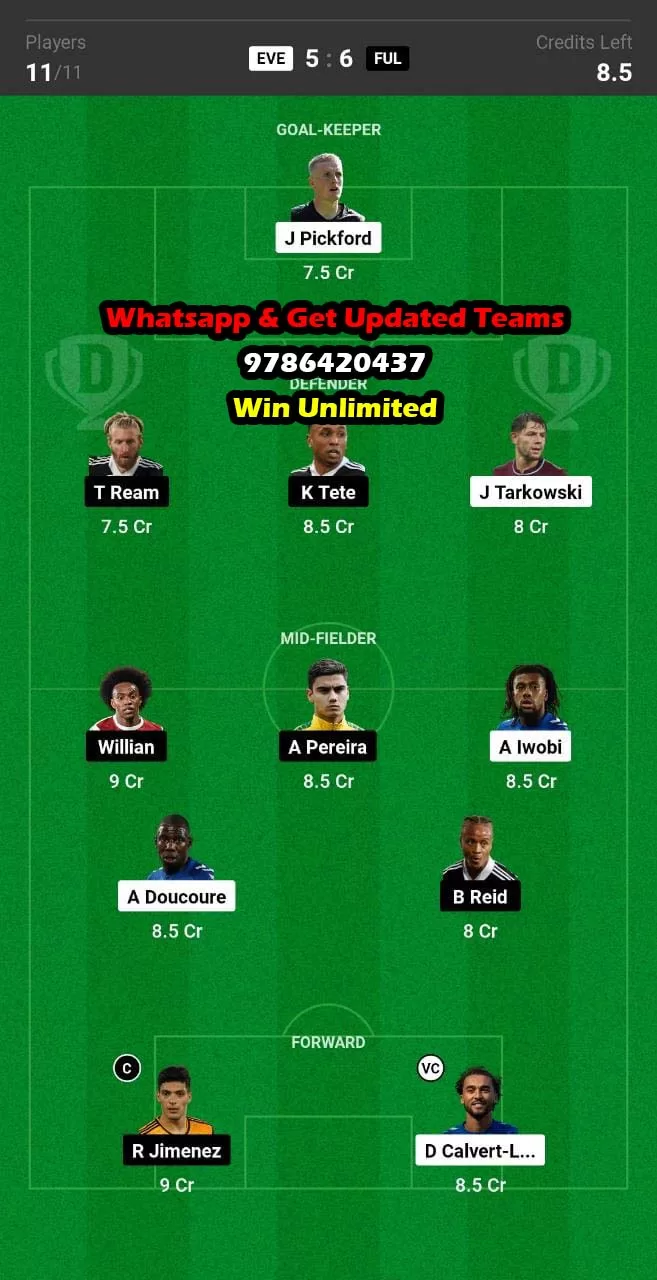 EVE vs FUL Dream11 Team fantasy Prediction Premier League