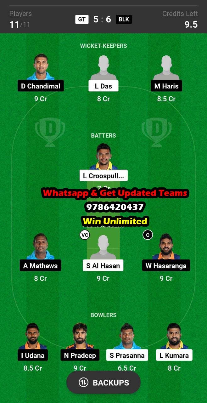 GT vs BLK Qualifier Match Dream11 Team fantasy Prediction Lanka Premier League T20