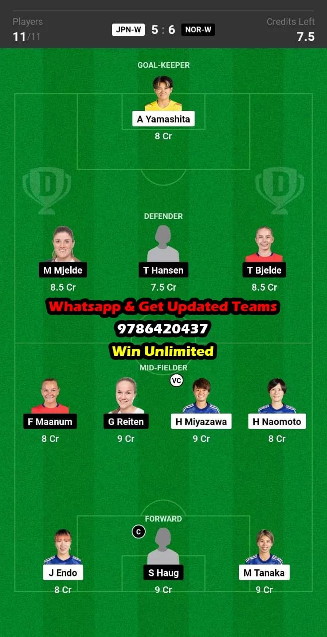 JPN-W vs NOR-W Dream11 Team fantasy Prediction Women's Football World Cup