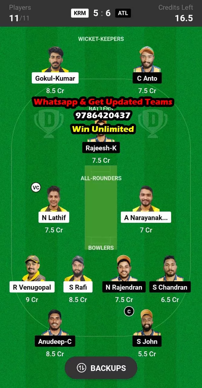 KRM vs ATL 17th Match Dream11 Team fantasy Prediction Kuwait Kerala PL T20