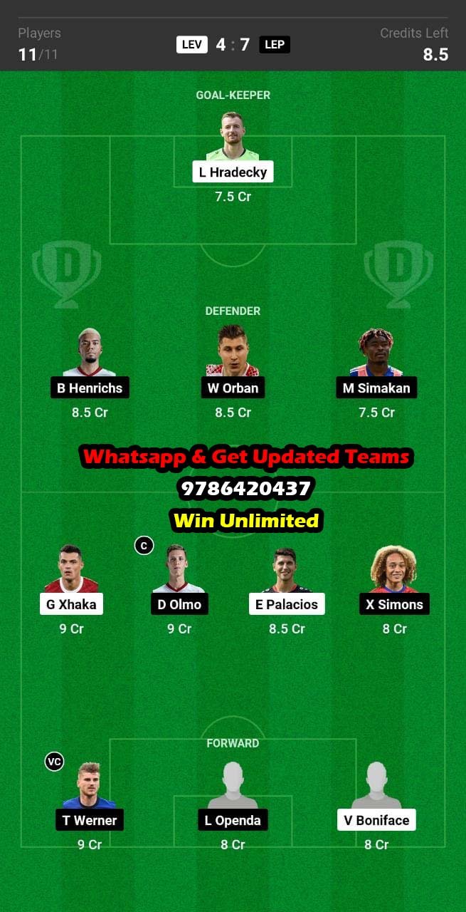 LEV vs LEP Dream11 Team fantasy Prediction Bundesliga