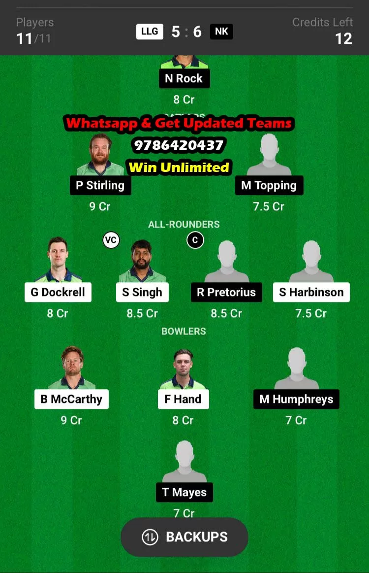 LLG vs NK 18th Match Dream11 Team fantasy Prediction Ireland Men's T20