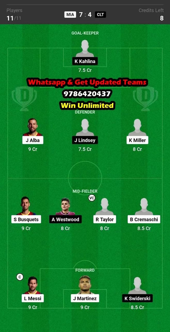 MIA VS CLT Dream11 Team fantasy Prediction Leagues Cup