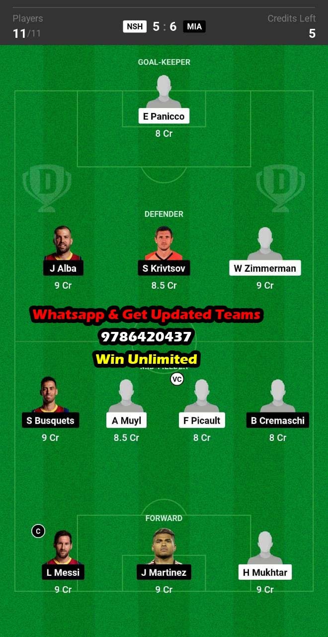 NSH vs MIA Dream11 Team fantasy Prediction Leagues Cup