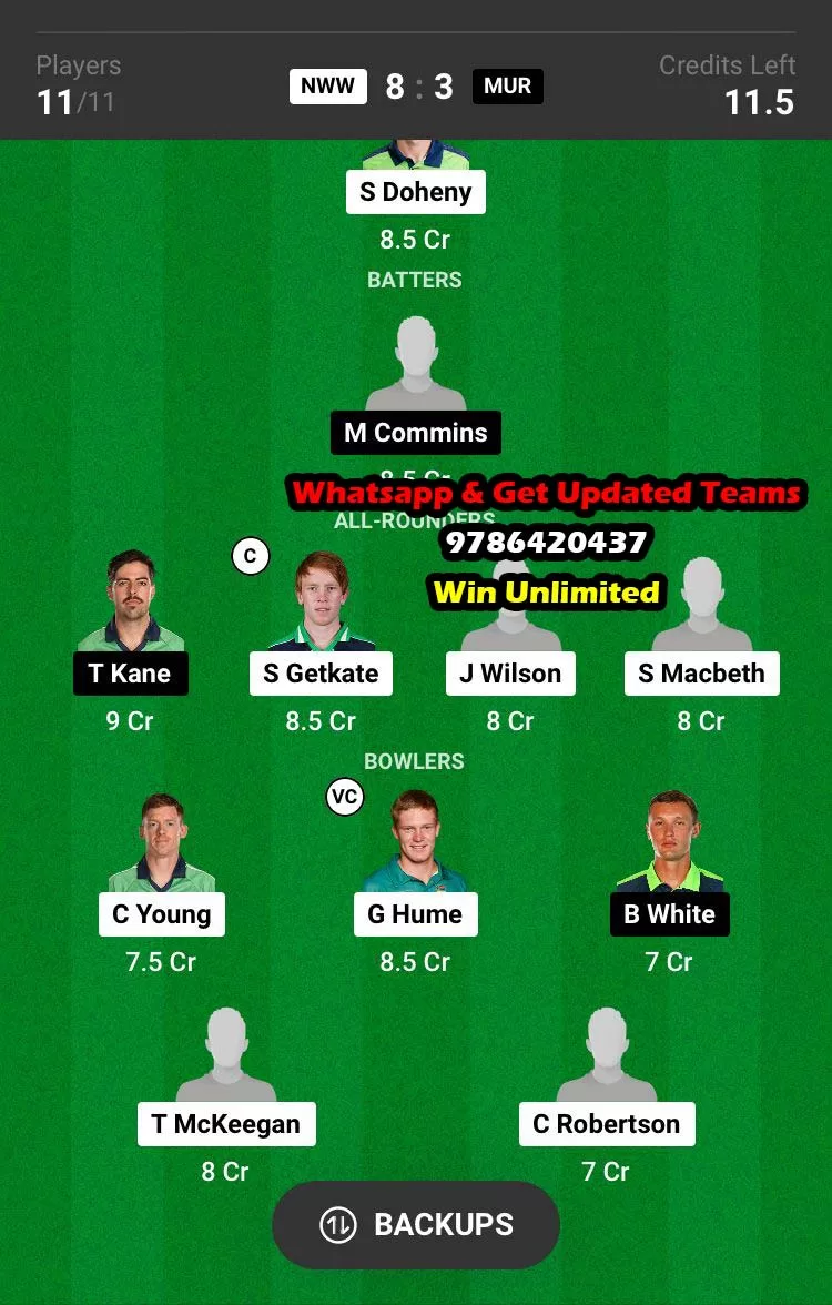 NWW vs MUR 17th Match Dream11 Team fantasy Prediction Ireland Men's T20