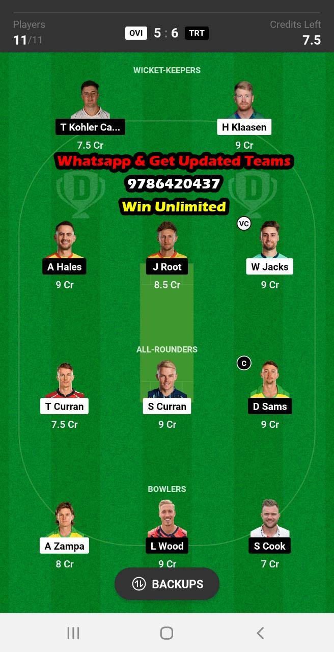 OVI vs TRT 29th Match Dream11 Team fantasy Prediction The Hundred