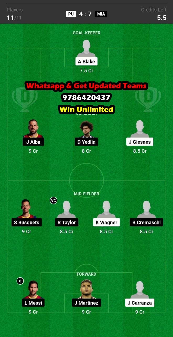 PU vs MIA Dream11 Team fantasy Prediction Leagues Cup