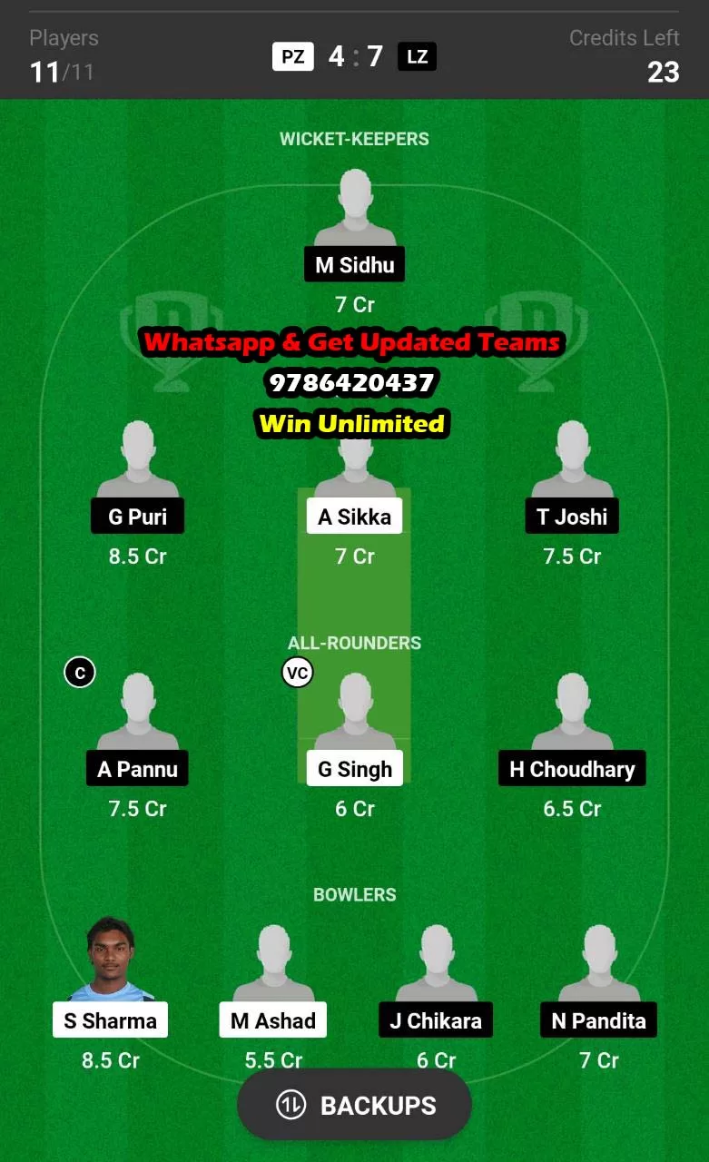 PZ vs LZ 10th Match Dream11 Team fantasy Prediction Chandigarh T20