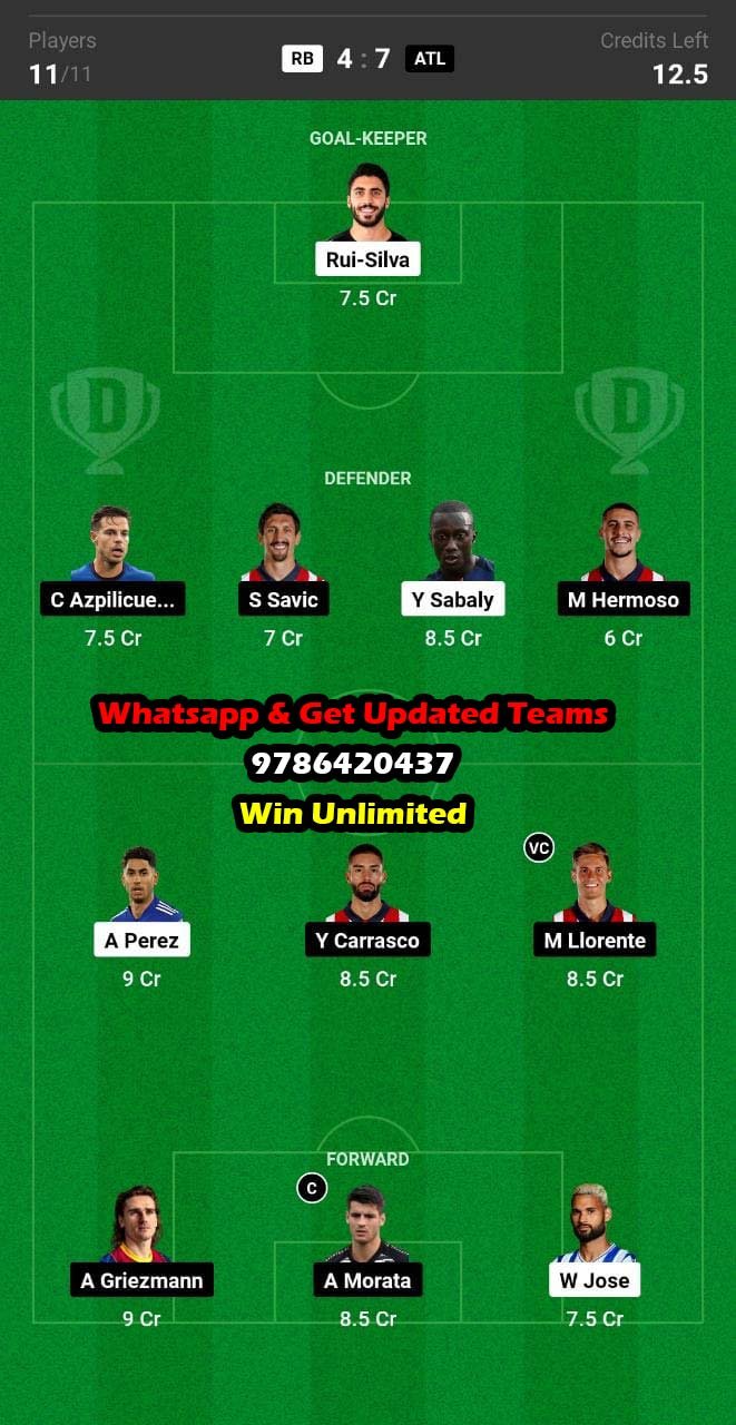 RB vs ATL Dream11 Team fantasy Prediction La Liga