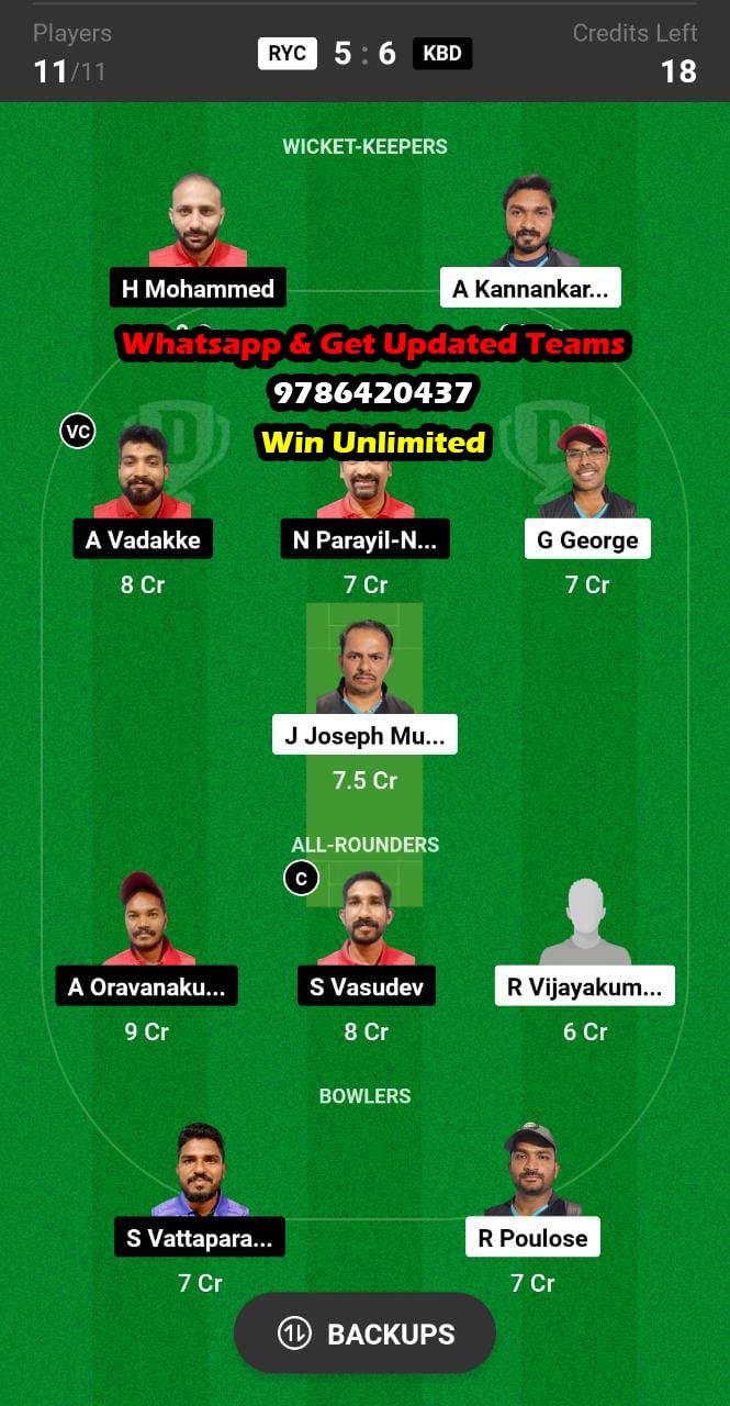 RYC vs KBD 30th Match Dream11 Team fantasy Prediction Kuwait Kerala PL T20